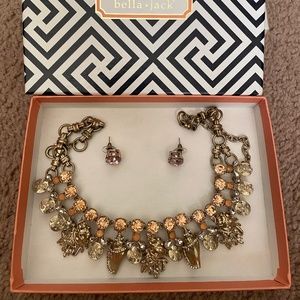 Rhodium Plated Peach Crystal Rhinestone Statement Necklace & Earrings